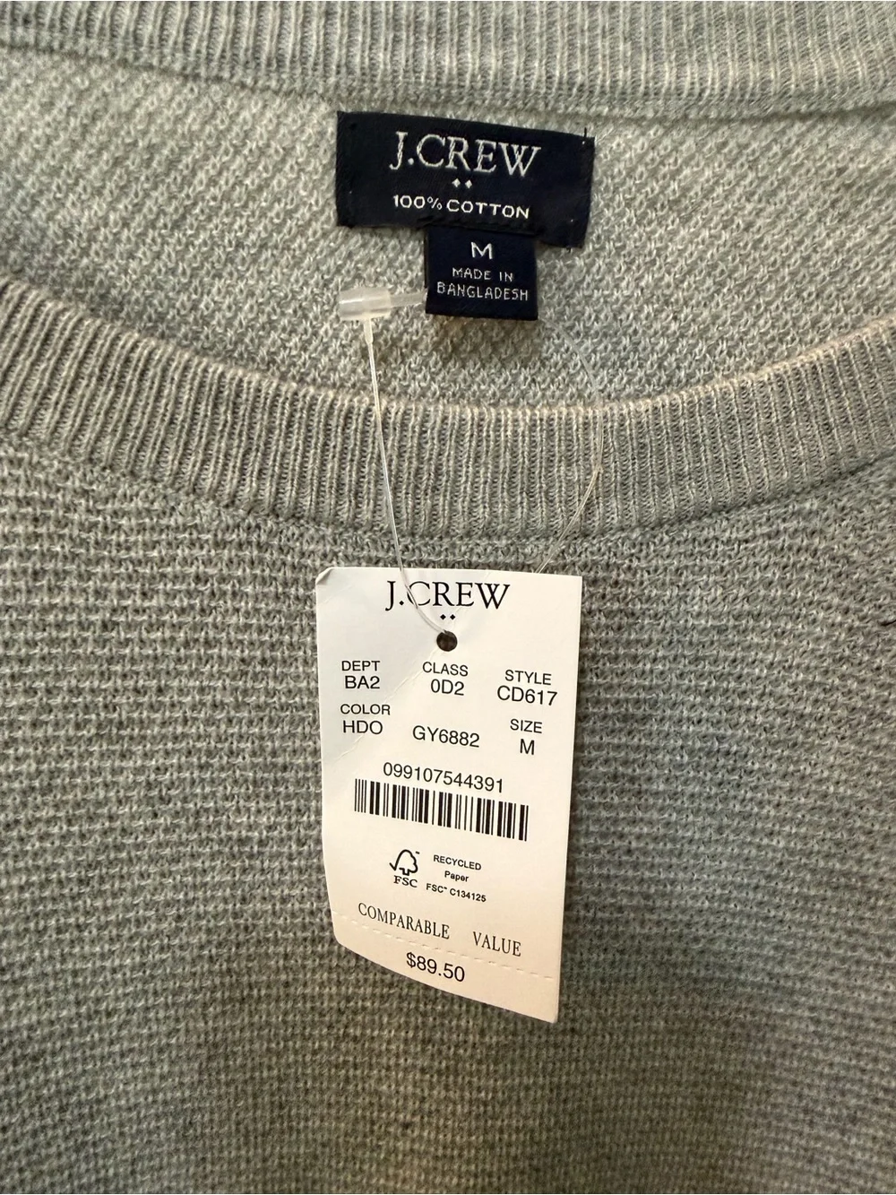 NWT J. Crew Men's Crewneck Gray Cotton Subtle Waffle Knit Sweater Sz M
